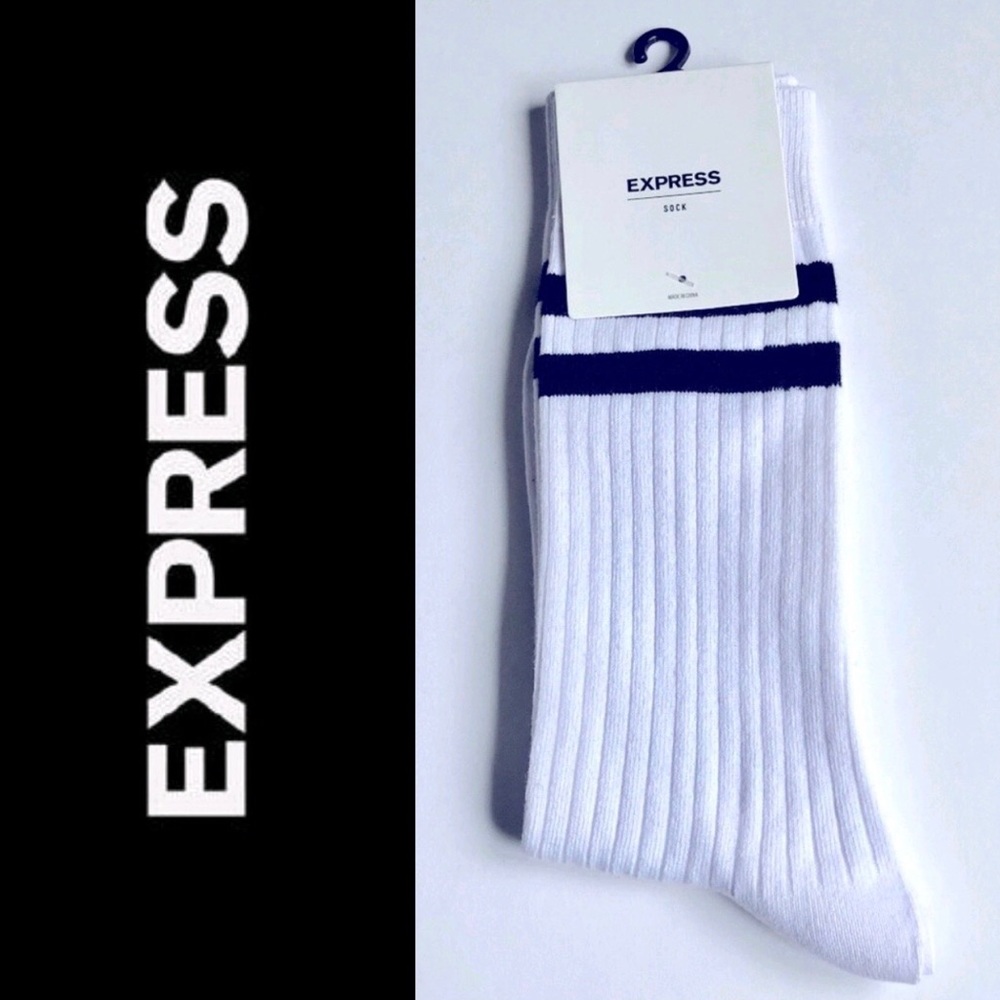 NEW EXPRESS WHITE DOUBLE STRIPE Dress Athletic Crew Socks 1 PAIR Shoe 8-13 Men’s